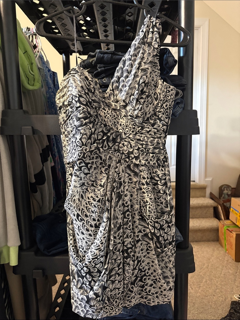 Max and Cleo Peacock Feather Printed One Shoulder Draped Mini Dress Cocktail
